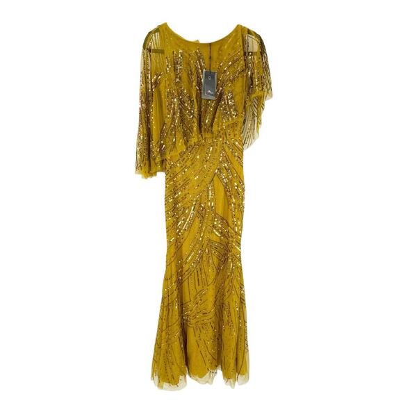 Theia Ayla Beaded Shawl Gown Cape Sleeve Gold/Bronze Size 2 NWT - Picture 13 of 14